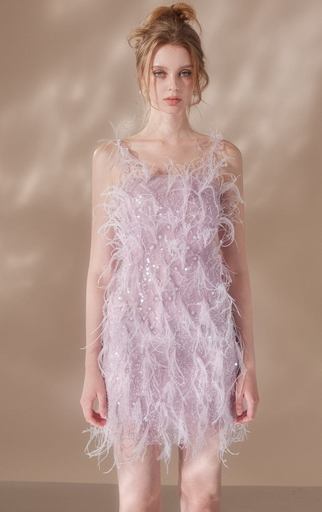 Wardrobes by Chen Elegant Purple Embroidered Beads Feather Dress-Cassie