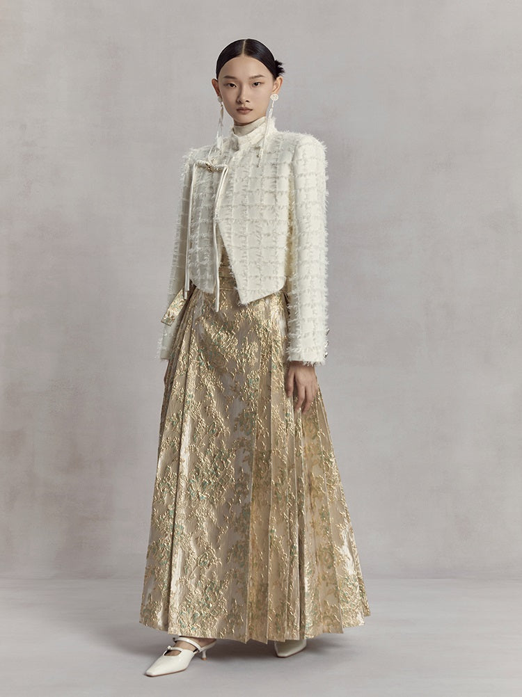 HECO high waist pleat blue purple green jacquard Embossed Skirt Women - king.