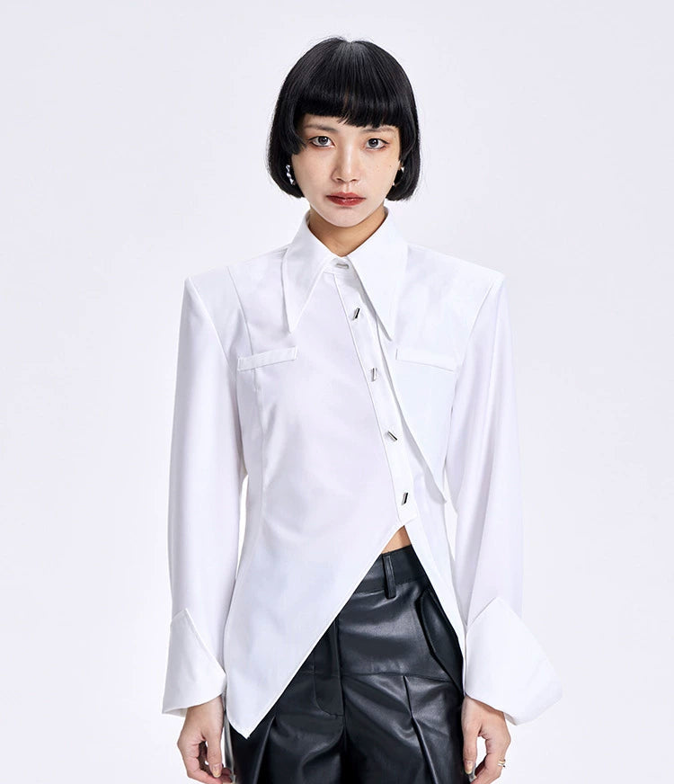 TINY IN women's slit shoulder asymmetric white shirt - HEY