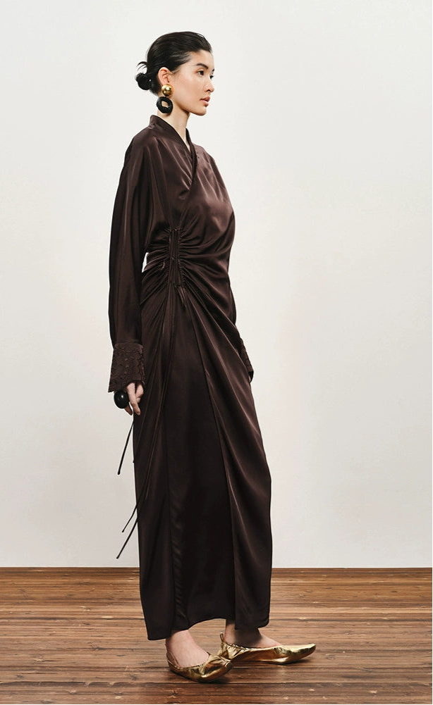 ZHUCHONGYUN Brown long-sleeve midi wrap dress-TRAIFY.