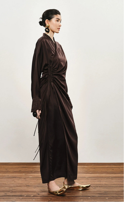 ZHUCHONGYUN Brown long-sleeve midi wrap dress-TRAIFY.
