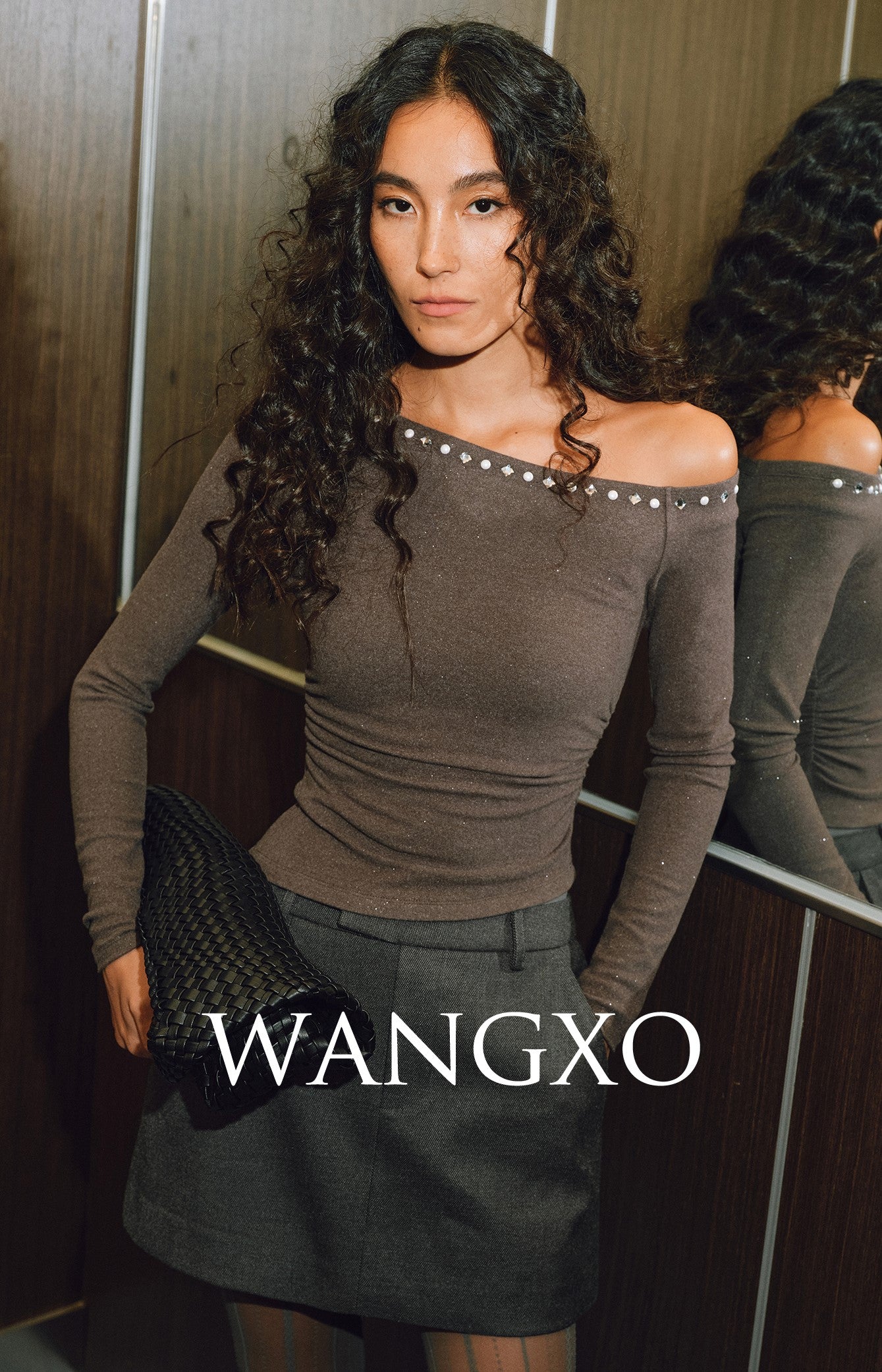 WANGXO |Silver Velvet Knit Slanted Collar Off-Shoulder Waist Top -SENA.