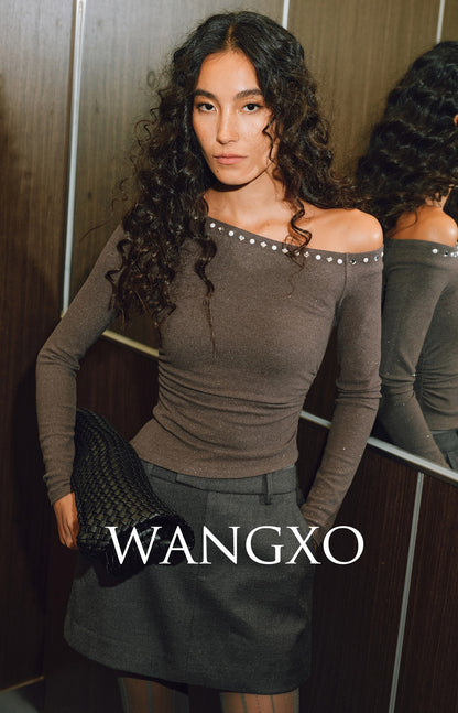 WANGXO |Silver Velvet Knit Slanted Collar Off-Shoulder Waist Top -SENA.