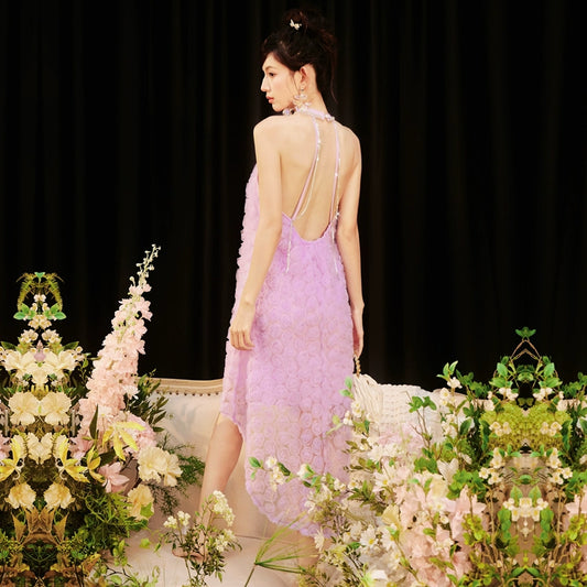 DOLLY High End French Style Violet Sleeveless Halter Neck Loose Dinner Dress-Flower  (V)