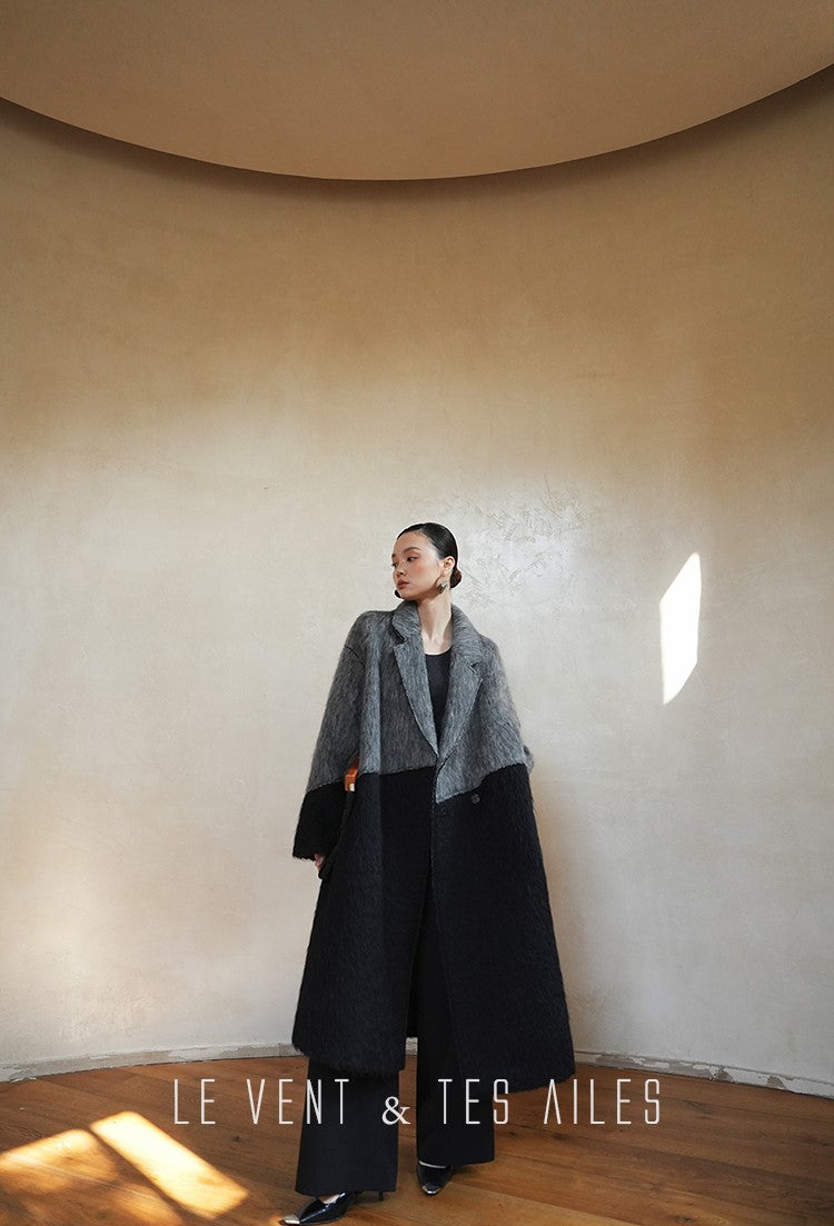 LE VENT&TES AILES French luxury fine long color-block wool coat -ALEC.