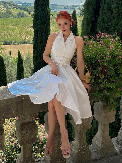 Le Palais Vintage Elegant Pure White Cotton and Linen Halter neck Vest High Waist Swing Skirt-MIA