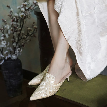 B-FEI Niche Embroidered Pointed Semi-Toe Kitten Heel Mules-IMMU.