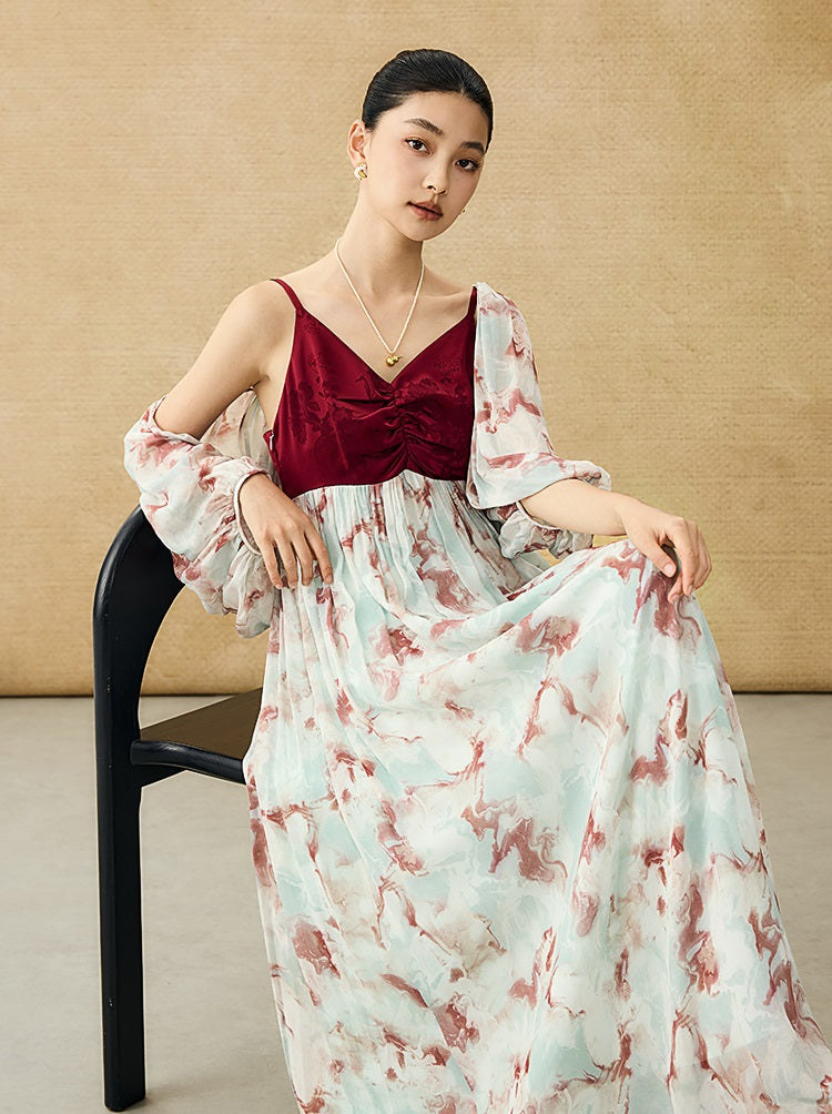 HECO Chinese V-neck camisole chiffon print long dress - BUSE.