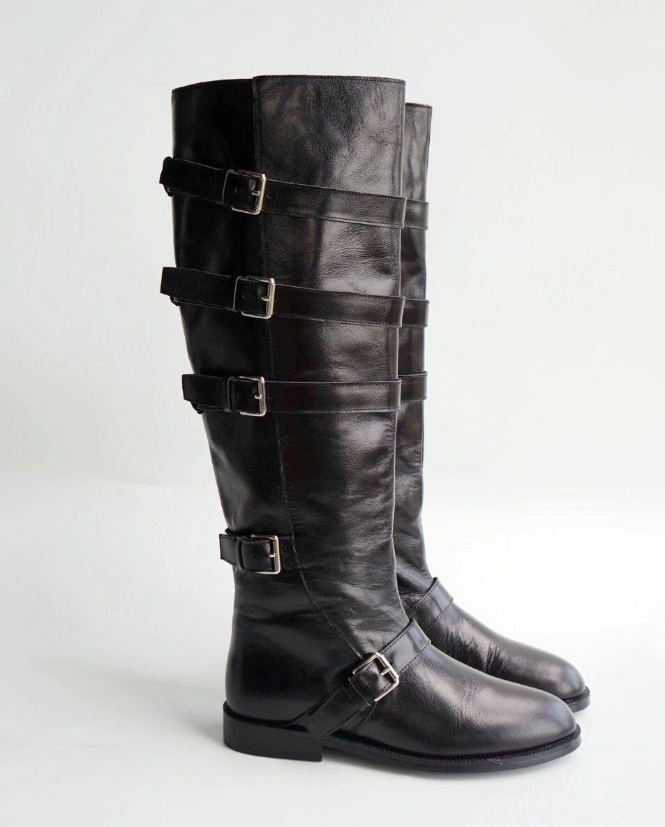 B-FEI belt buckle high-top leather women's fashion boots.