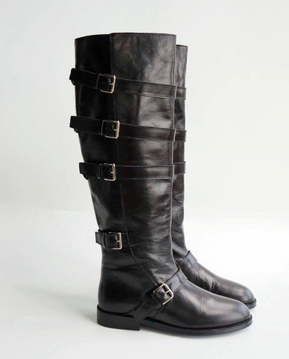 B-FEI belt buckle high-top leather women's fashion boots.