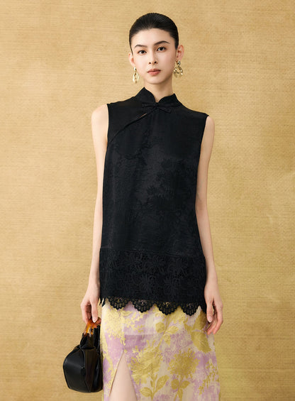 HECO Chinese diagonal placket buckle cool lion jacquard sleeveless top - CONNECT.