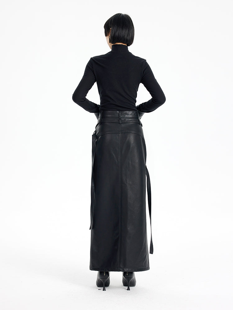 TINY IN black irregular tie women's high waist slit pu leather long skirt -CAM
