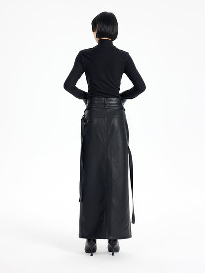TINY IN black irregular tie women's high waist slit pu leather long skirt -CAM
