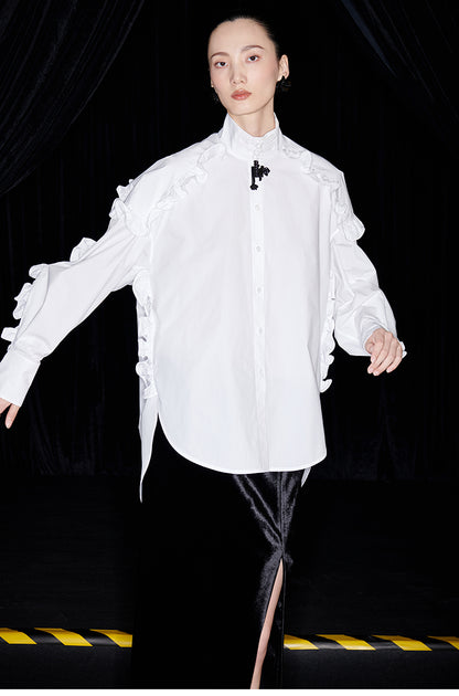 M essential Mackay designer white cotton three-dimensional ruffle trim shirt -  Tori.