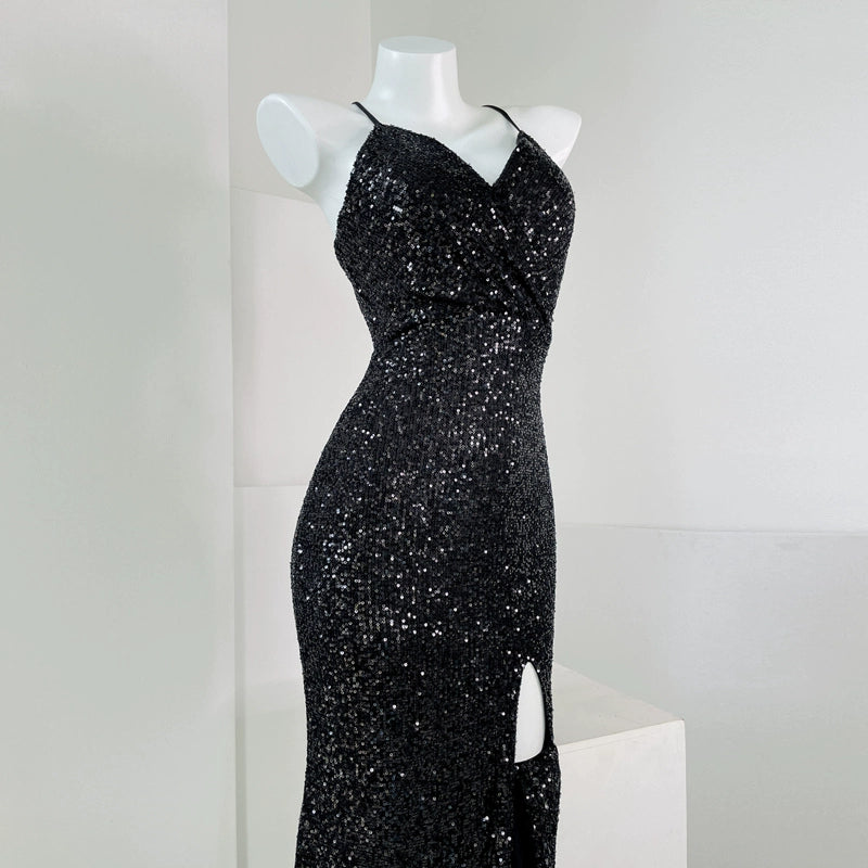 DOLLY Elegant Sleeveless V-Neck Sequin Slim Fit Slit Long Fishtail Cocktail Dress-ERIKA