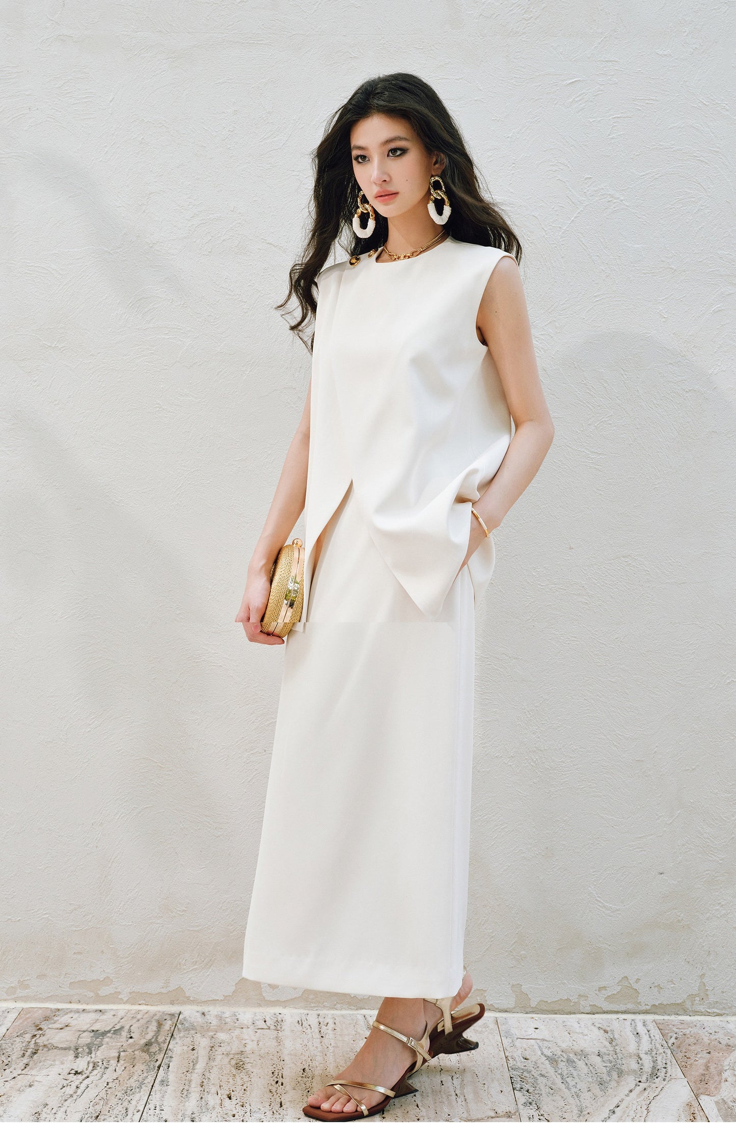 WANGXO Elegant Commuter-Style Diagonal Placket with Loose Pleated Slit Vest & Skirt Suit Set -NALA