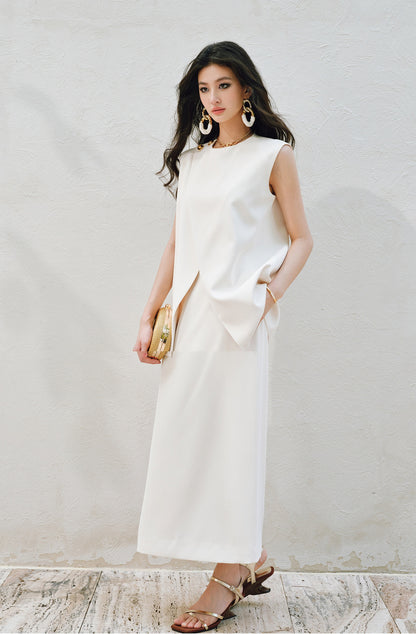 WANGXO | Imported Twisted Drape Fabric Elegant Commuter-Style Diagonal Placket with Loose Pleated Slit Vest & Skirt Suit Set -NALA
