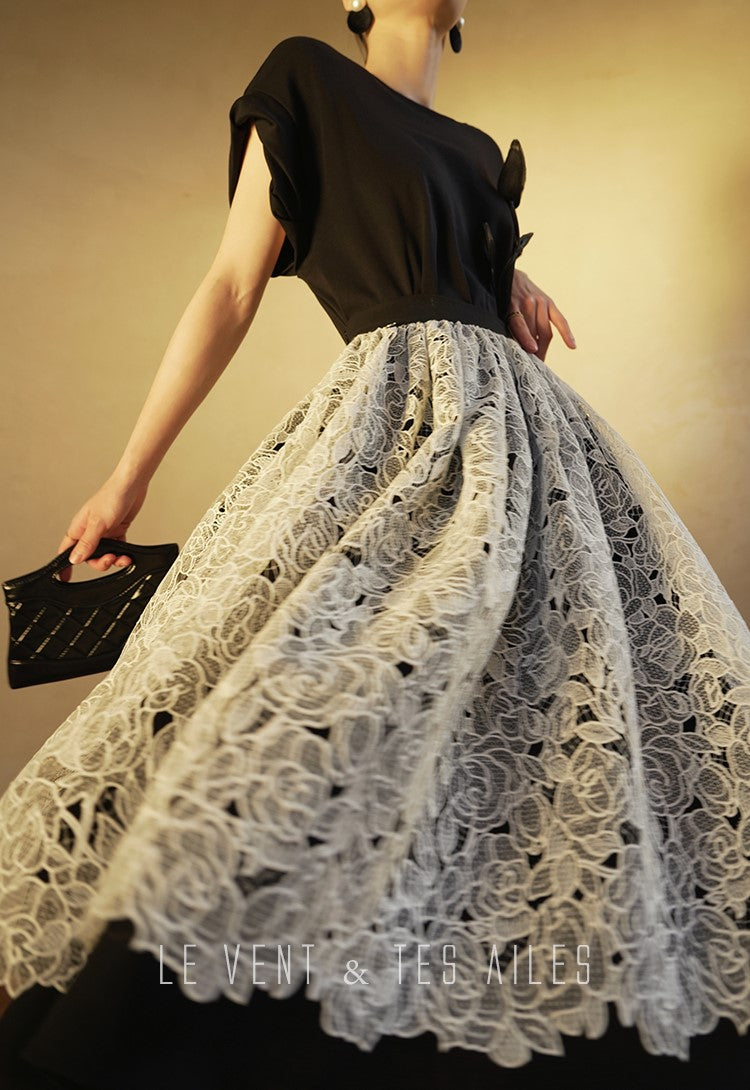 LE VENT&TES AILES French embroidery lace elegant A-line fill skirt-ESME
