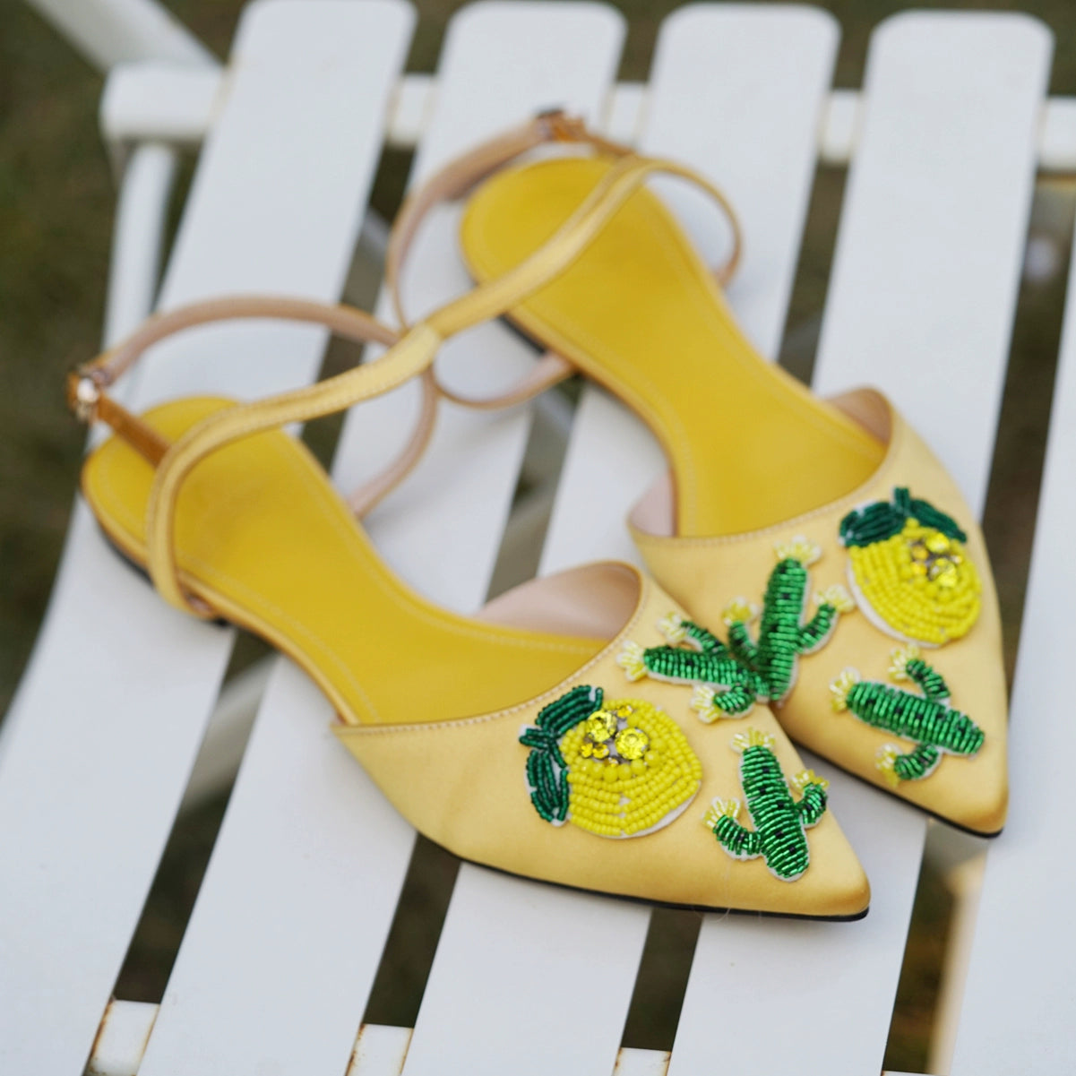 B-FEI Yellow Pointed Toe Embossed Flat Women's Sandals-VILIA.