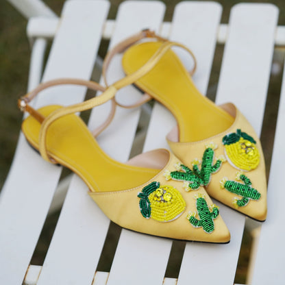 B-FEI Yellow Pointed Toe Embossed Flat Women's Sandals-VILIA.