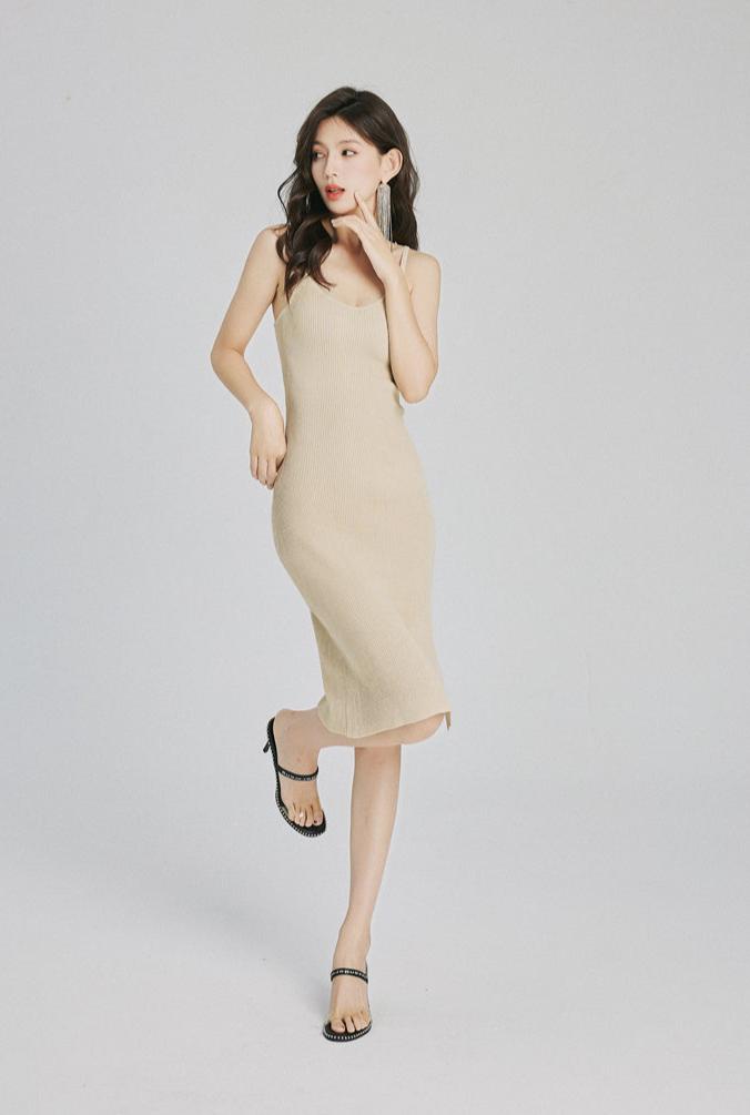 DOLLY Luxury Simple V-Neck Sleeveless Slim Fit Knitted Split Hip Date Dress-KELA