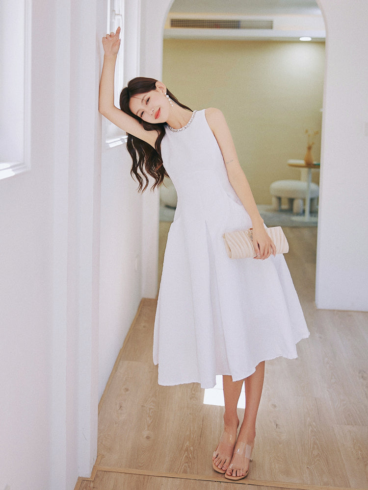 DOLLY Elegant White Crew Neck Sleeveless Long A-Line Dinner Dress-SIBYL