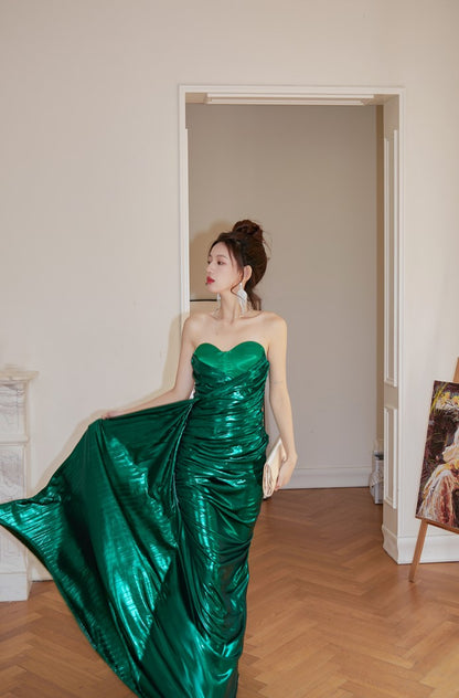 DOLLY High End Green Off Shoulder Chest Wrap Irregular Fish Tail Dress-LEAH