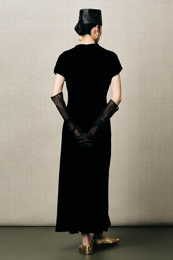 ZHUCHONGYUN crew neck short sleeve black slim long dress-REI.