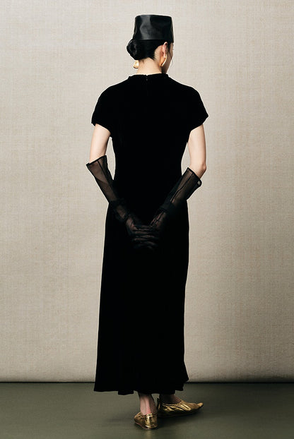 ZHUCHONGYUN crew neck short sleeve black slim long dress-REI.