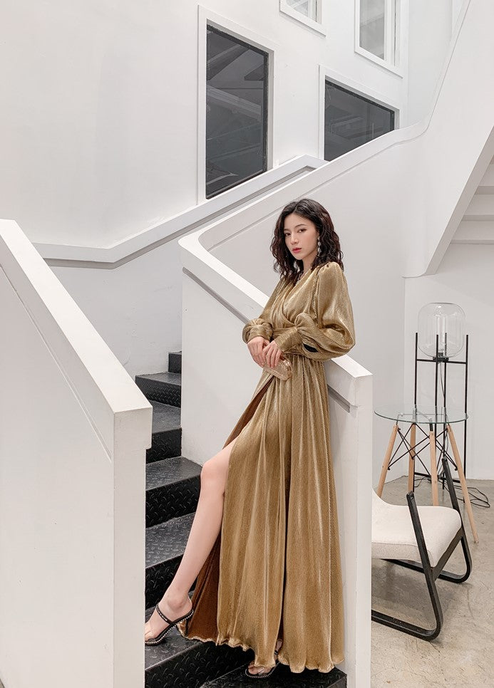 DOLLY Elegant Retro Gold Deep V-Neck Long Puff Sleeve Long Slit Award Dress-HUGO