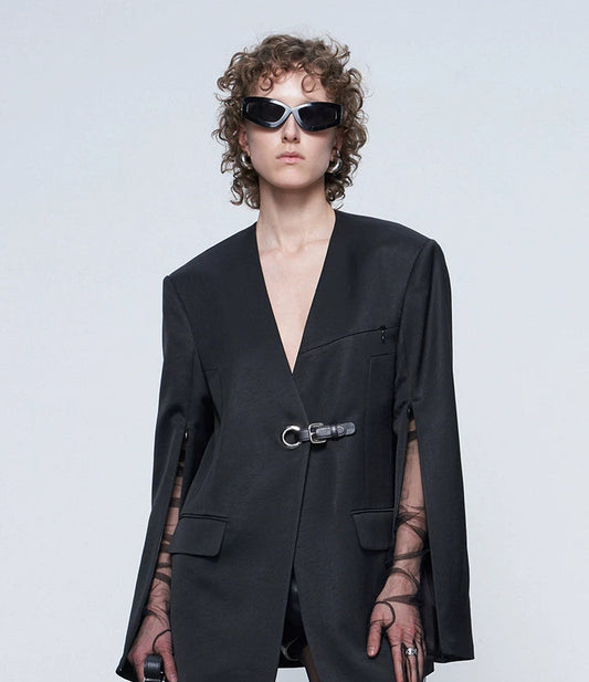 ANNAKIKI designer black acetate collarless split V-neck blazer-PEARL