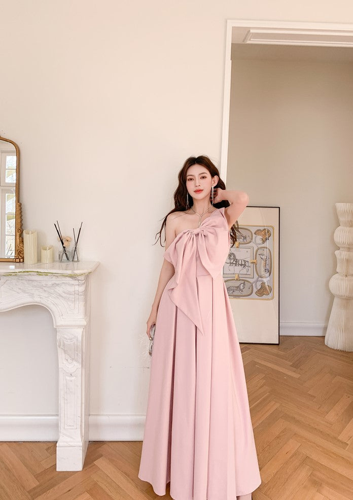 DOLLY High End Retro Style One Shoulder Big Bow Long Dinner Dress-KIKI