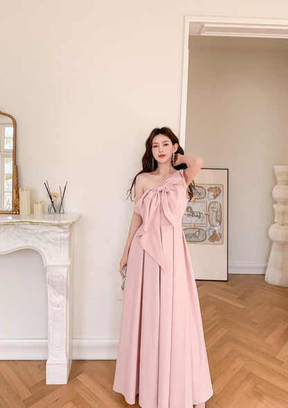 DOLLY High End Retro Style One Shoulder Big Bow Long Dinner Dress-KIKI
