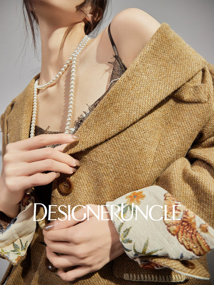 DGU| Coffee Suit Single-Breasted V-Neck Knitted Cardigan Woven Hip Skirt Set - MAKER.