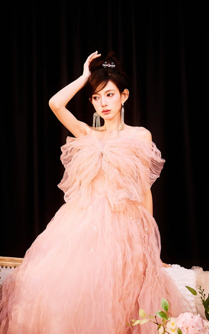 DOLLY Elegant Pink Sleeveless Big Bow Long Pleated Sequin Award Night Dress-CLEO  (V)