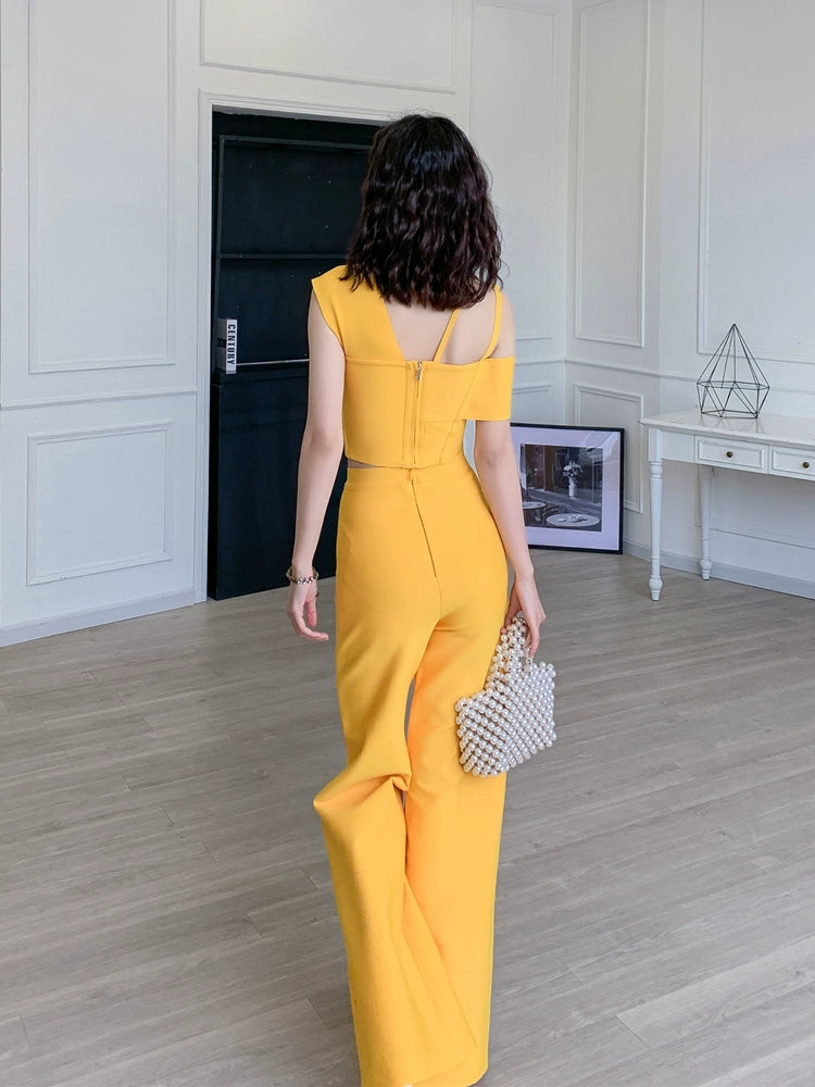 DOLLY Elegant Two Piece One Shoulder Top Design +Long Flared Pants-AMINA
