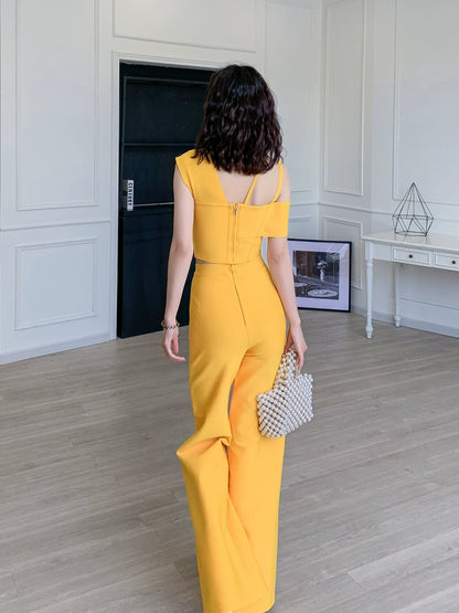 DOLLY Elegant Two Piece One Shoulder Top Design +Long Flared Pants-AMINA