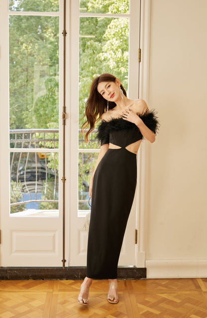 DOLLY Luxury Black Feather Tube Top Waist Baring Slim Fit Long Cocktail Dress-JAJA