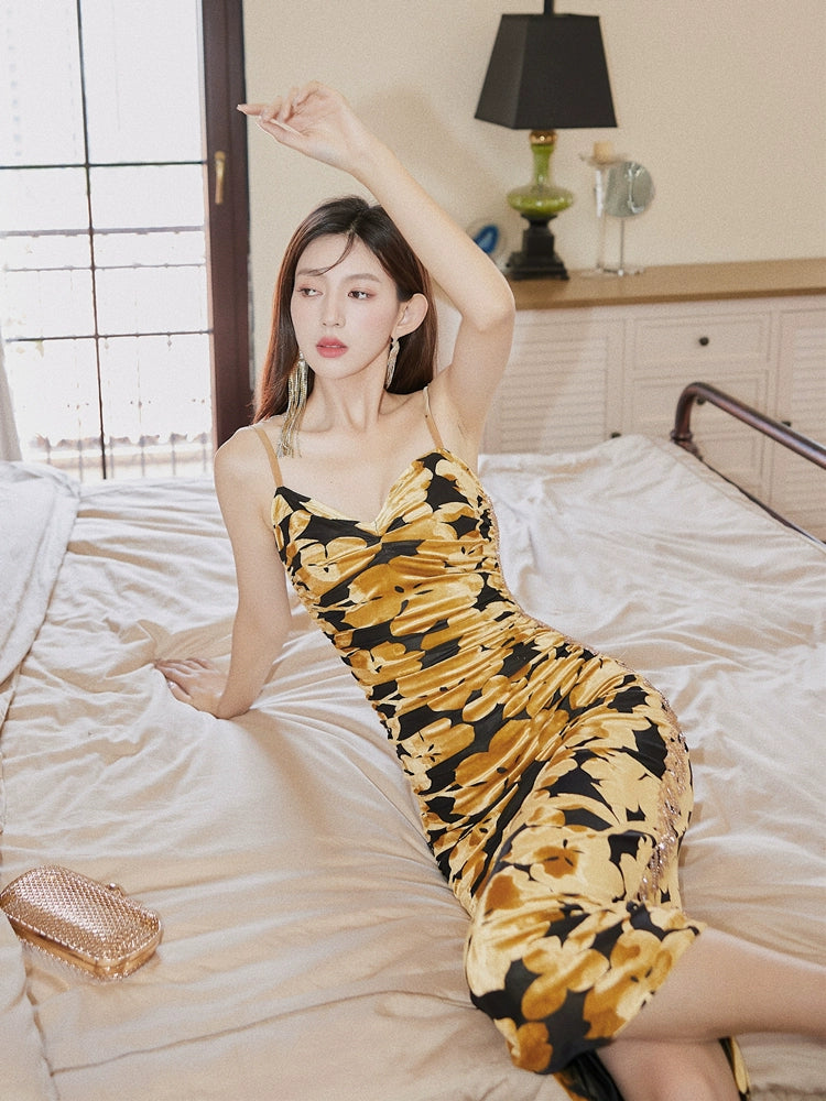 DOLLY Luxury Yellow French Style Sleeveless Pleated Print Suspender Dress-TATIANA