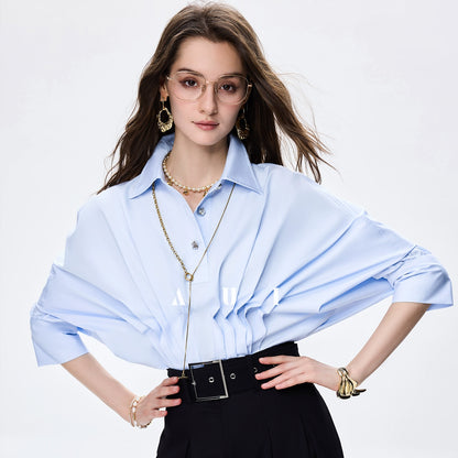 AUI design sense irregular polo collar blue shirt long sleeve top - RESORT.