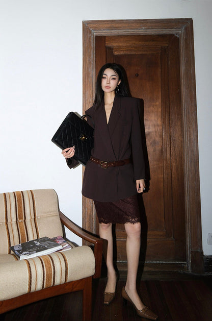MEI SANGUAN sandalwood brown thin double-breasted blazer - INDIE