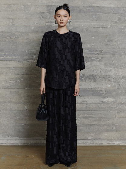 HECO jacquard loose thin wide-leg high waisted black pink apricot PANTS women - PURPOSE.