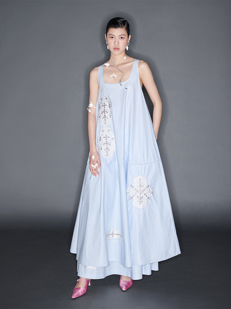 M essential Mackay designer embroidered A-hem pastel blue skirt dress - euno sia.