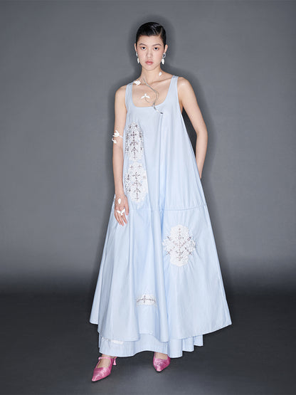 M essential Mackay designer embroidered A-hem pastel blue skirt dress - euno sia.