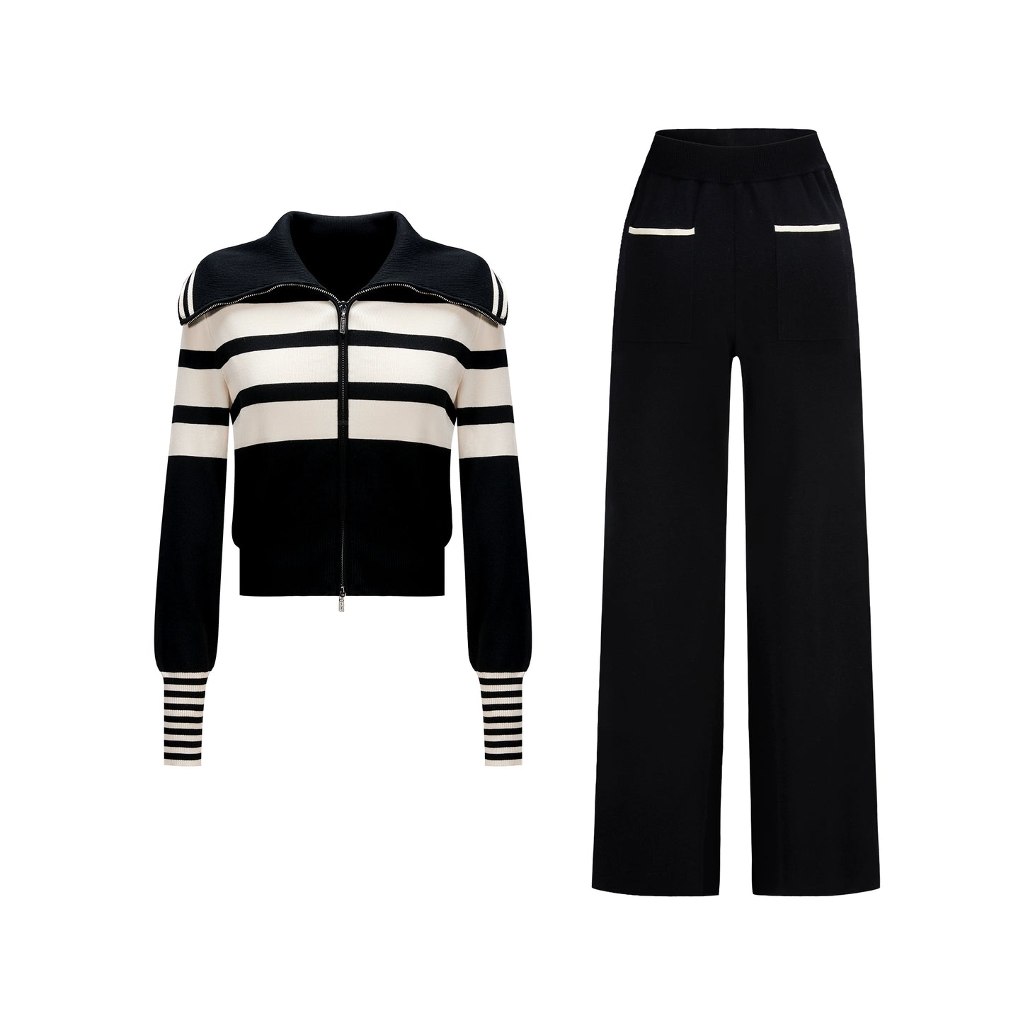 CHICHY Knitted Two-Piece Black Striped Knitted Cardigan Casual Pants-IFE