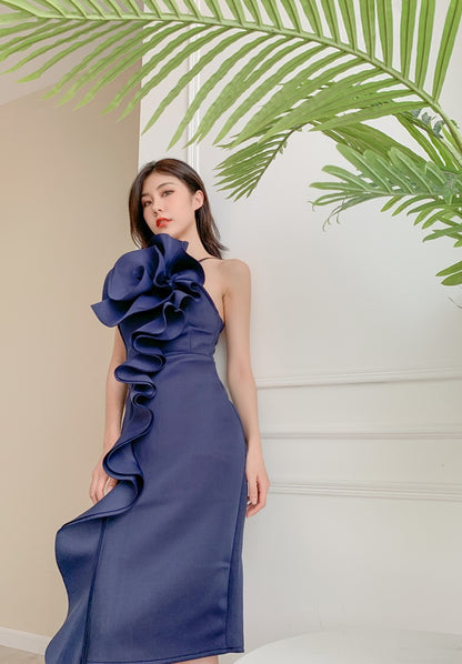 DOLLY Elegant French Style Sleeveless Ruffle Collar Slim Fit Midi Cocktail Dress-BANNIE