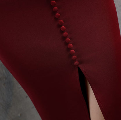 DOLLY Elegant French Style Square Collar Long Puff Sleeve Satin Mini Dinner Dress-PERACH