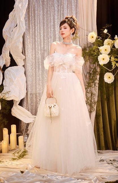 DOLLY Elegant White Off Shoulder Short Sleeve Flower Wedding Dress-SOPHIE  (V)