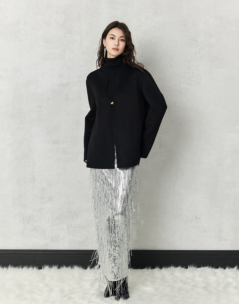 HECO 100% polyester Silver Black Sequins High Waist Slim Skirt Woman - sun.