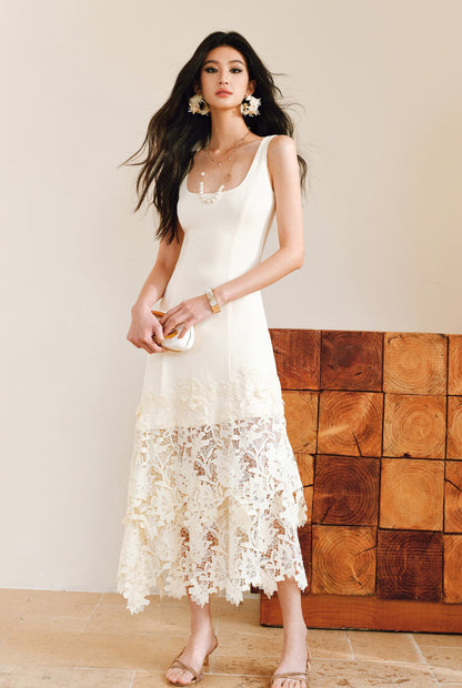 WANGXO High Stretch Knitted Stitching Neckline Slim Fit Three-Dimensional Split Sleeveless Dress - ELISE